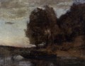 Fisherman Boating along a Wooded Landscape plein air Romanticism Jean Baptiste Camille Corot